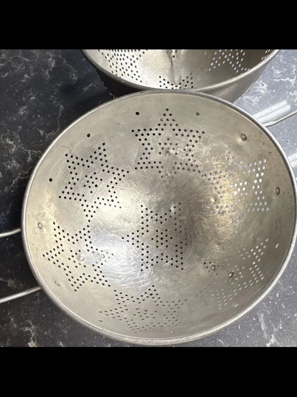 Vintage/Retro Silver Metal Star Pattern Colander Strainers w/ Handles Set of 2